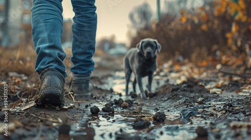 A man with blue snickers steps in dog poop It is an urban scene and the movement of the city can be seen out of focus in the background Urban bad luck pets and education : Generative AI