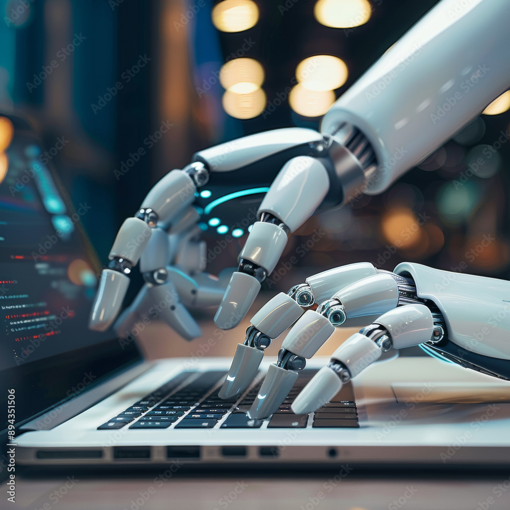 Robotic hands hover over a laptop, their fingers poised to interact ...
