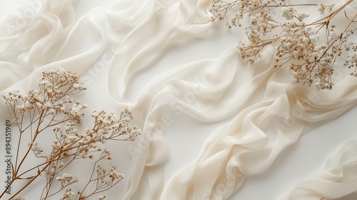 Dry plants and silk ribbon on white background Flat lay top view : Generative AI