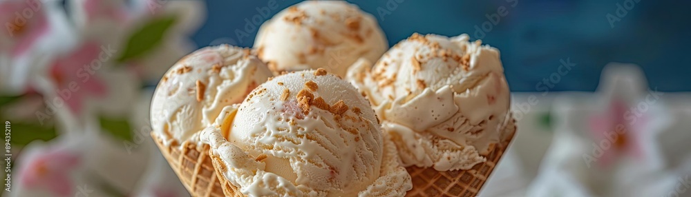 Close-up of a delicious ice cream cone with multiple scoops, perfect for a summer treat. Enjoy the sweet and creamy goodness. Close-up of a delicious ice cream cone with multiple scoops, perfect for a summer treat. Enjoy the sweet and creamy goodness.