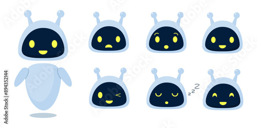 Various chatbot heads, smiling android characters with antennas and friendly faces, robot faces collection, artificial intelligence assistants. Vector illustration in flat style.