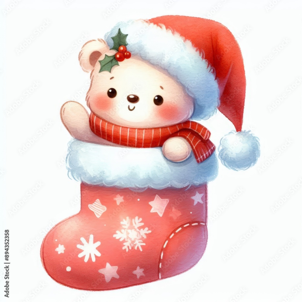 Fototapeta premium Cute white bear wearing a Santa hat, peeking out of a Christmas stocking.