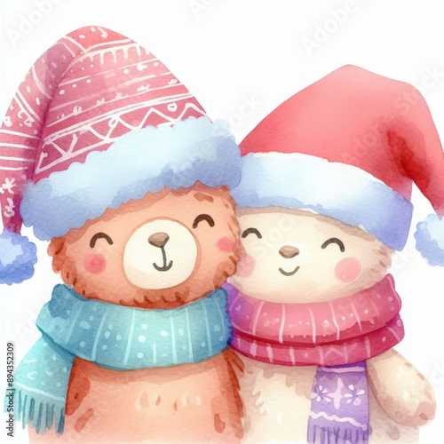 Cute watercolor illustration of two smiling bears in winter hats and scarves, perfect for holiday and festive themes.