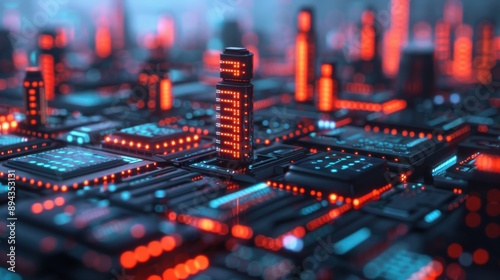 Futuristic circuit board cityscape with glowing red and blue lights.