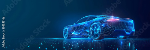 Futuristic digital wireframe of car concept with blue background.  photo