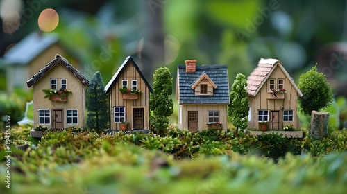 Wooden miniature houses on green lawn Home in ecofriendly countryside Toy rural houses facades windows on natural background Suburban rural : Generative AI