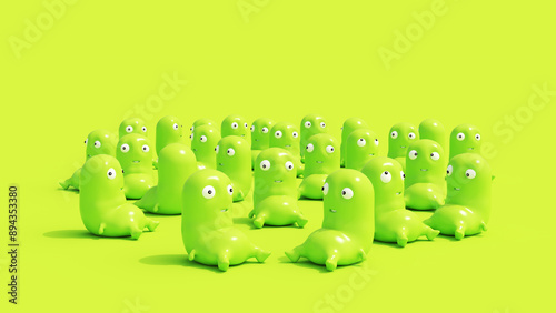 Cute colorful creatures funny group lime green soft plastic plasticine cheerful background 3d illustration render digital rendering photo