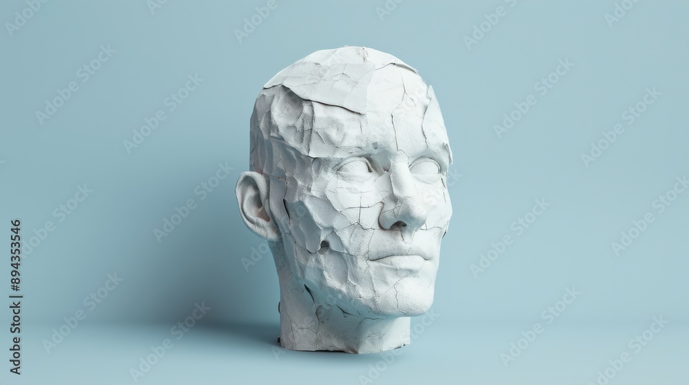 Cracked White Sculpture of a Human Head on a Light Blue Background. Cracked White Sculpture of a Human Head on a Light Blue Background.