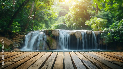 Wood table top podium floor in outdoor waterfall green tropical forest nature backgroundNatural water product present placement pedestal counter display spring summer jungle paradise c : Generative AI