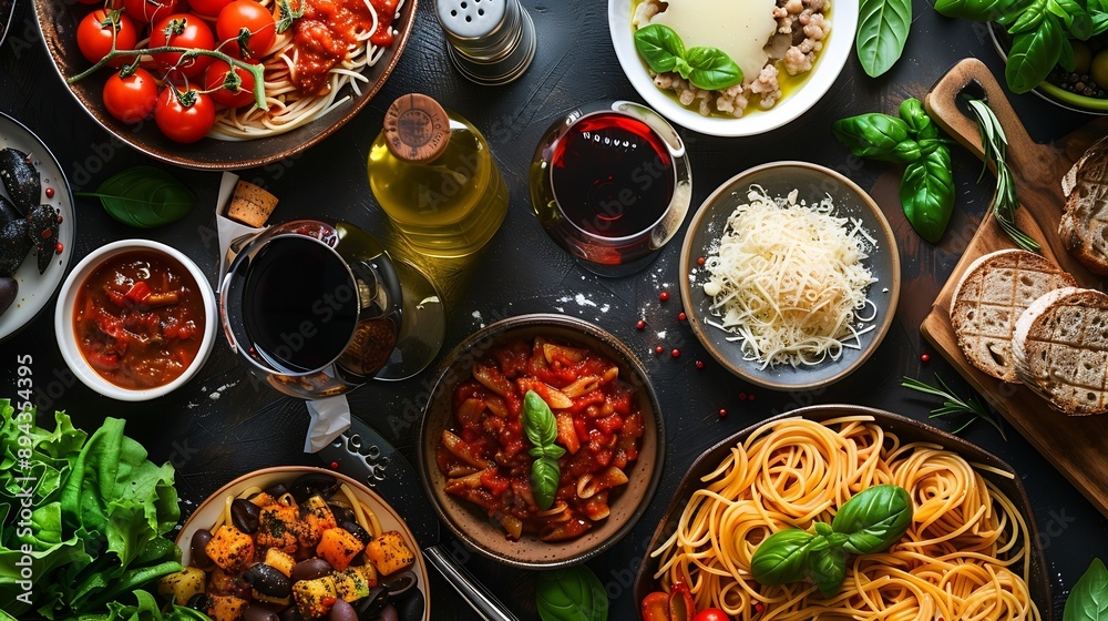 Pasta various dishes overhead flat lay shot Italian food and wine : Generative AI Pasta various dishes overhead flat lay shot Italian food and wine : Generative AI