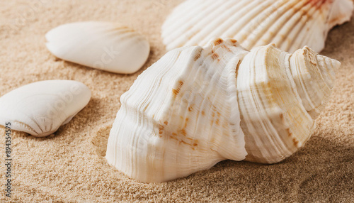 Collection of different white seashells, conch on sand surface. Natural element. Top view. Close-up.