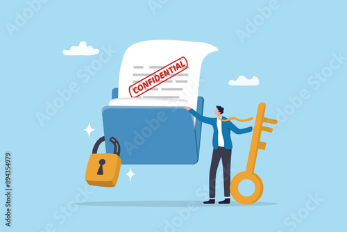 Confidential document, privacy protection or secret secured lock, safety or security to archive file or document, accessibility control concept, businessman lock document file folder with padlock.