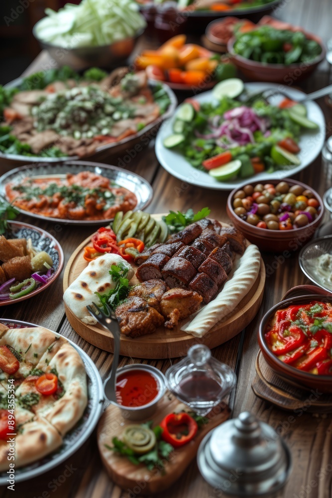 Wooden table full of delicious food, featuring grilled meat, fresh salads, various sauces and spices, creating appetizing culinary scene