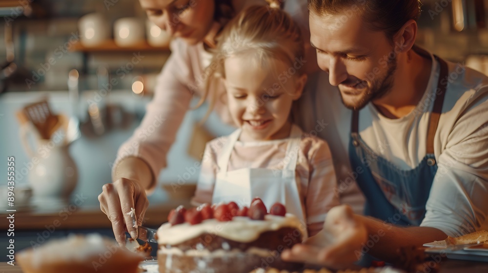 Young family baking a cake together in the kitchen : Generative AI Young family baking a cake together in the kitchen : Generative AI