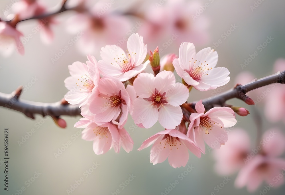 Naklejka premium Beautiful delicate pink and white flowers against a blue sky background. Macro photography of plants and flowers. Close-up of cherry blossoms on a beautiful, delicate background