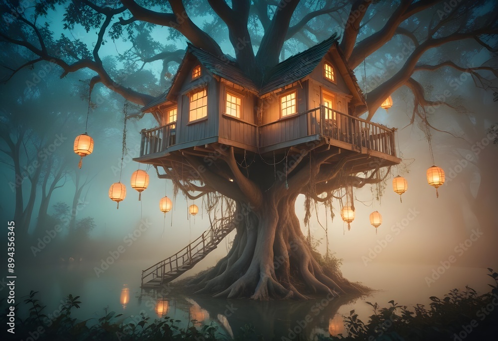 Treehouse surrounded by a lake, with fairy lights and lanterns creating a magical atmosphere Treehouse surrounded by a lake, with fairy lights and lanterns creating a magical atmosphere