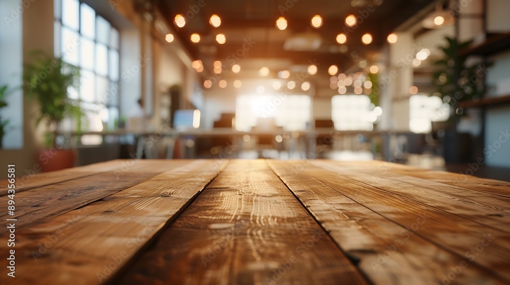 wooden table on Blurred empty open space office Abstract light bokeh at office interior background for design : Generative AI wooden table on Blurred empty open space office Abstract light bokeh at office interior background for design : Generative AI