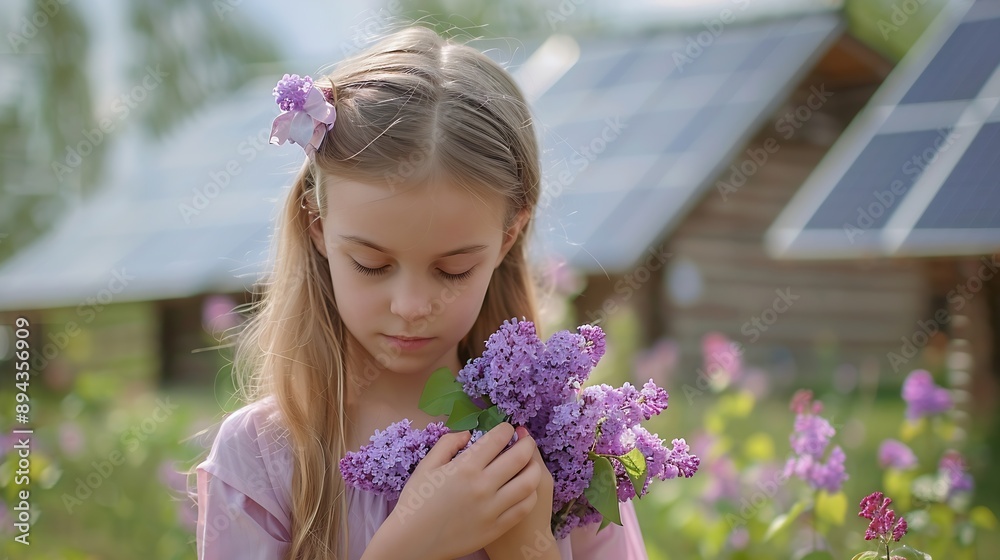 Fototapeta premium Beautiful young girl with purple lilacs flower in hands Young girl spending time outdoors in nature springtime House with solar panels in background : Generative AI
