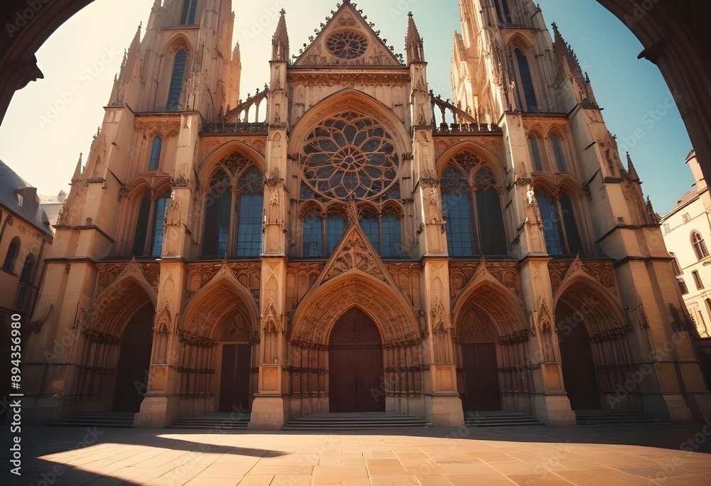 Obraz premium A grand cathedral exterior with beautiful stained glass and large windows