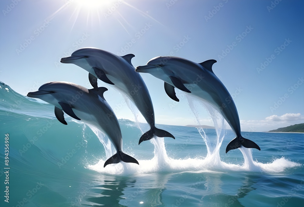 Fototapeta premium Dolphins jumping out of the water. Close-up of leaping dolphins. Macro wildlife photography. Close-up view of a dolphin show