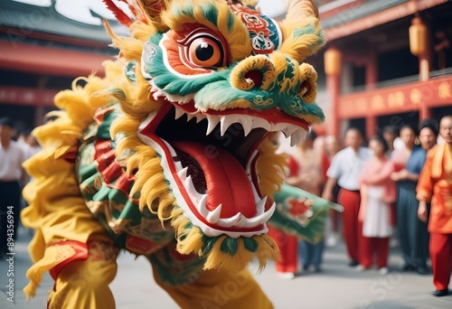 An individual dressed as a colorful snake during a festival in China. The colorful snake is part of the parade. Festival opening event.