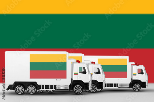 Lithuania flag depicted on side wall of white delivery van close up. Shipping and local delivery concept photo