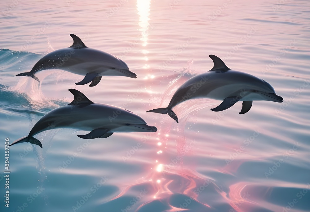 Fototapeta premium Beautiful dolphins leaping from the water against the backdrop of a majestic sunset in shades of pink