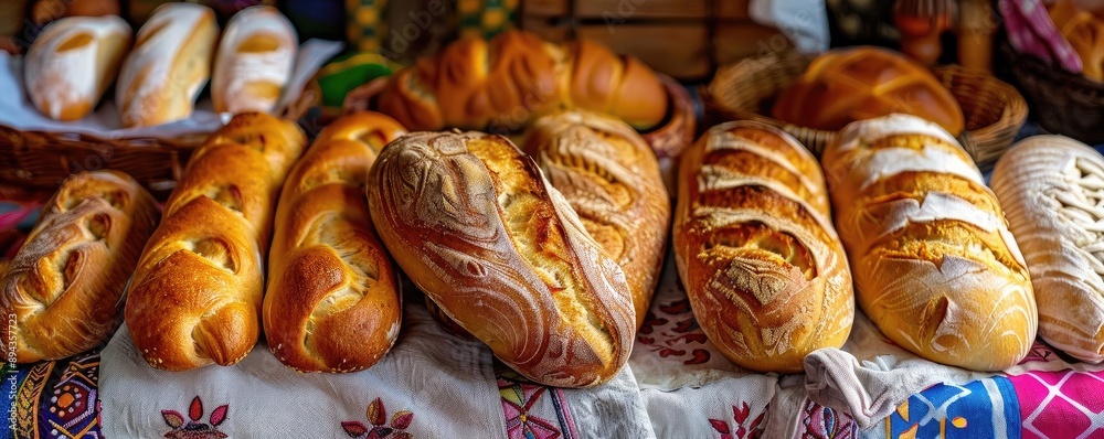 A selection of artisanal breads on display, showcasing various types of crusty loaves and deliciously baked goods. Perfect for bakery lovers. A selection of artisanal breads on display, showcasing various types of crusty loaves and deliciously baked goods. Perfect for bakery lovers.