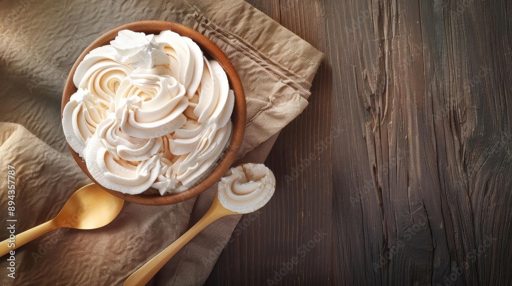 Creamy whipped cream in a wooden bowl with two spoons on a brown napkin, set on a rustic wooden table. Top view. Creamy whipped cream in a wooden bowl with two spoons on a brown napkin, set on a rustic wooden table. Top view.