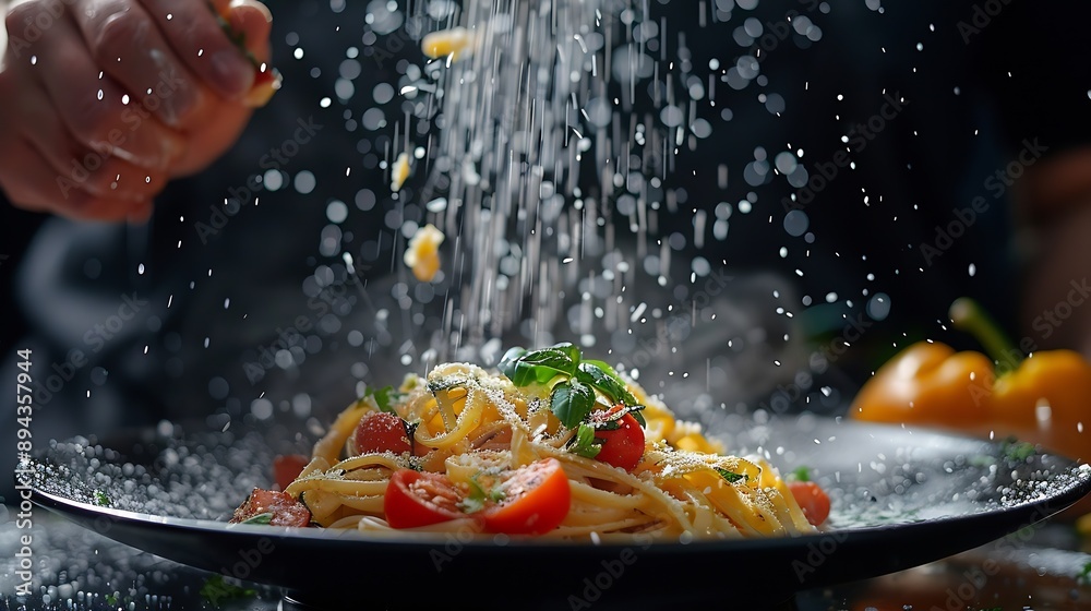The process of cooking pasta with seafood and vegetables by a professional chef on a black background Frozen inflight food Food background Healthy vegetarian food : Generative AI The process of cooking pasta with seafood and vegetables by a professional chef on a black background Frozen inflight food Food background Healthy vegetarian food : Generative AI