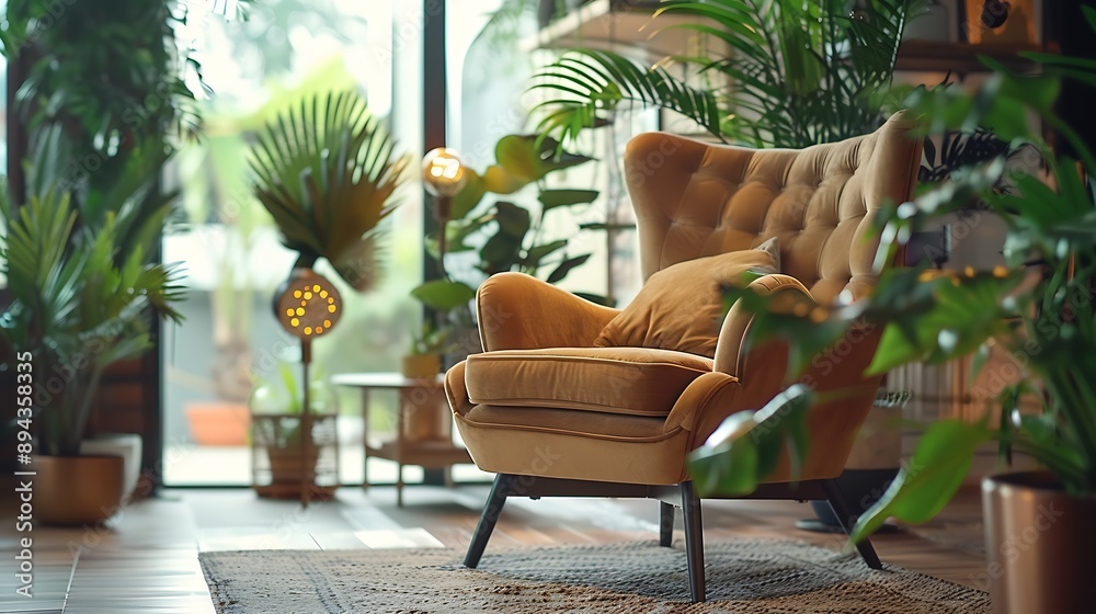 Obraz premium Creative composition of living room interior design with designed armchair wooden coffee table plants and golden accessoriers Urban jungle concpet Template : Generative AI
