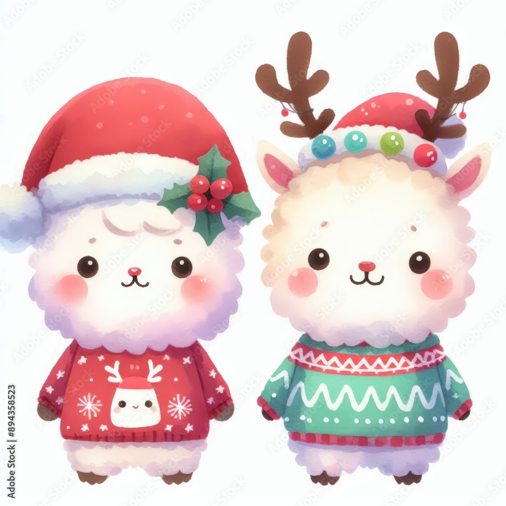 Fototapeta premium Two adorable cartoon alpacas dressed in festive Christmas sweaters and hats.