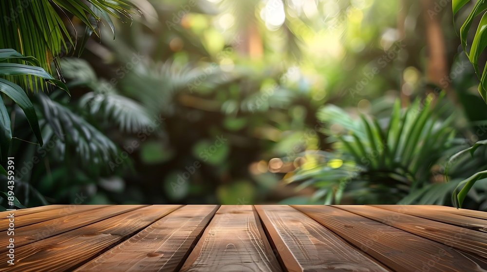 Table top wood counter floor podium in nature outdoors tropical forest garden blurred green jungle plant backgroundnatural product present placement pedestal stand displayspring or sum : Generative AI Table top wood counter floor podium in nature outdoors tropical forest garden blurred green jungle plant backgroundnatural product present placement pedestal stand displayspring or sum : Generative AI
