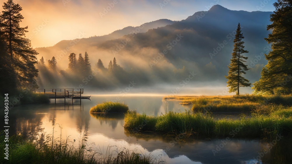 Fototapeta premium sunrise with mountains and lakes in the background