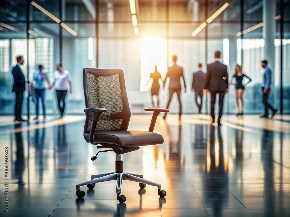 Modern empty chair sits alone in bustling open-concept office space surrounded by blurred silhouettes of coworkers in motion, conveying energy and teamwork atmosphere.