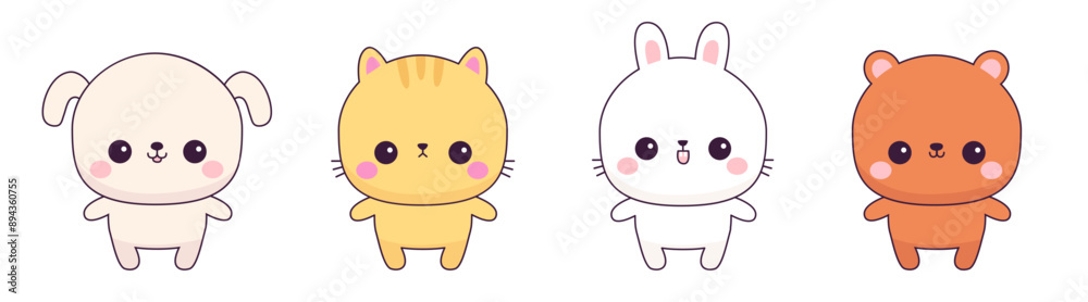 Chibi cat kitten, dog puppy, bunny rabbit, bear icon set. Cute cartoon kawaii funny baby animal character. Round face. Valentines day. Love card. Sticker print. Flat design. White background. Vector Chibi cat kitten, dog puppy, bunny rabbit, bear icon set. Cute cartoon kawaii funny baby animal character. Round face. Valentines day. Love card. Sticker print. Flat design. White background. Vector