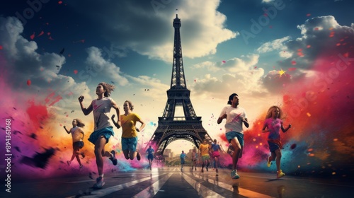 Athletes competing in paris 2024 games with eiffel tower as backdrop during sports event in france photo