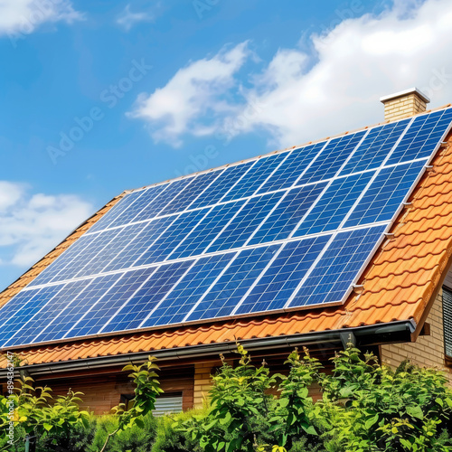 Solar panels on a house's roof generate electricity from sunlight.