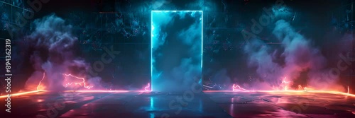 Door with neon lights and colorful smoke