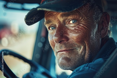 Joyful Truck Driver: Close-up of Happy Expressive Face Behind the Wheel on Open Road photo