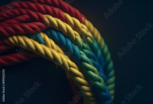colorful rope with intricate patterns coiled on a textured dark background, showcasing vibrant shades of red, blue, green, and yellow, lighting studio