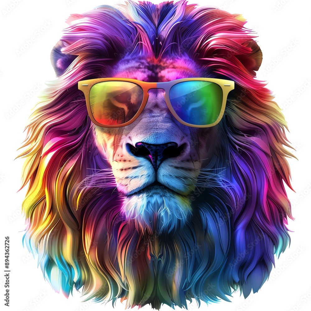 Trendy lion in rainbow sunglasses, fashionable animal, 3D artwork, isolated on white background