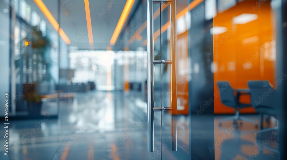 Beautiful blurred background of a modern office interior in gray tones with panoramic windows glass partitions and orange color accents : Generative AI Beautiful blurred background of a modern office interior in gray tones with panoramic windows glass partitions and orange color accents : Generative AI