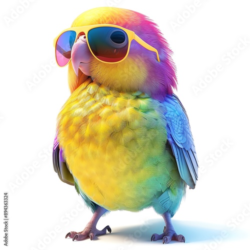 Cool bird wearing rainbow shades, stylish avian, 3D illustration, isolated on white background