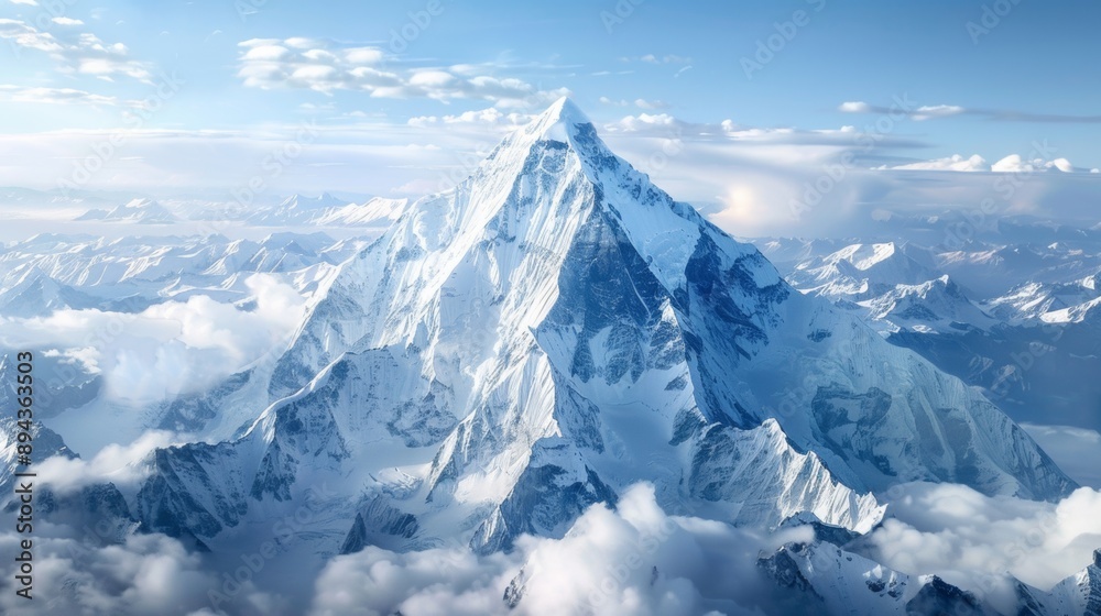 Obraz premium Majestic snow-covered mountain peak surrounded by clouds, nature's landscapes in an alpine setting.