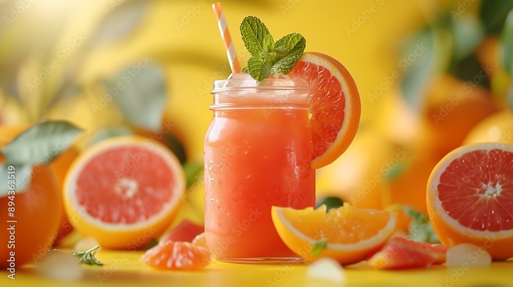 Freshly squeezed blood orange juice with ice mint and a slice of fruit in a jar on a yellow background with citrus fruits and shadow Healthy vitamin drink concept : Generative AI Freshly squeezed blood orange juice with ice mint and a slice of fruit in a jar on a yellow background with citrus fruits and shadow Healthy vitamin drink concept : Generative AI