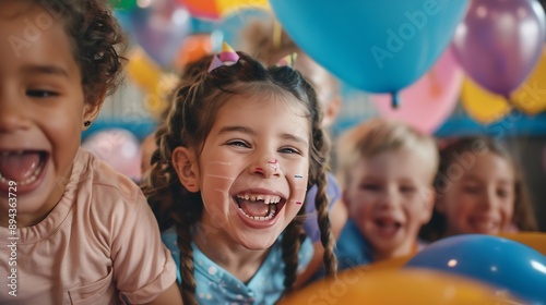 Excited group of kids laughing and having fun while celebrating a friends birthday party in the indoor playground : Generative AI photo