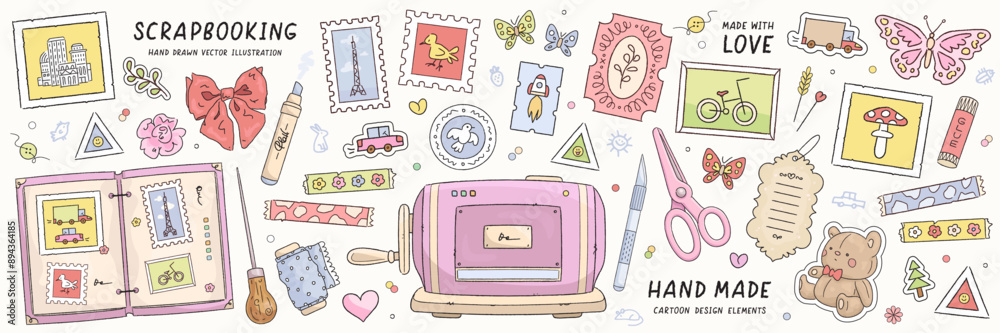 Collection of hand drawn art supplies for scrapbooking isolated on background. Set of scrapbook or planner decoration elements. Stickers, paper, tape. Vector illustration