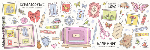 Collection of hand drawn art supplies for scrapbooking isolated on background. Set of scrapbook or planner decoration elements. Stickers, paper, tape. Vector illustration