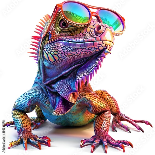 Iguana sporting rainbow shades, cute fashion, 3D digital art, isolated on white background